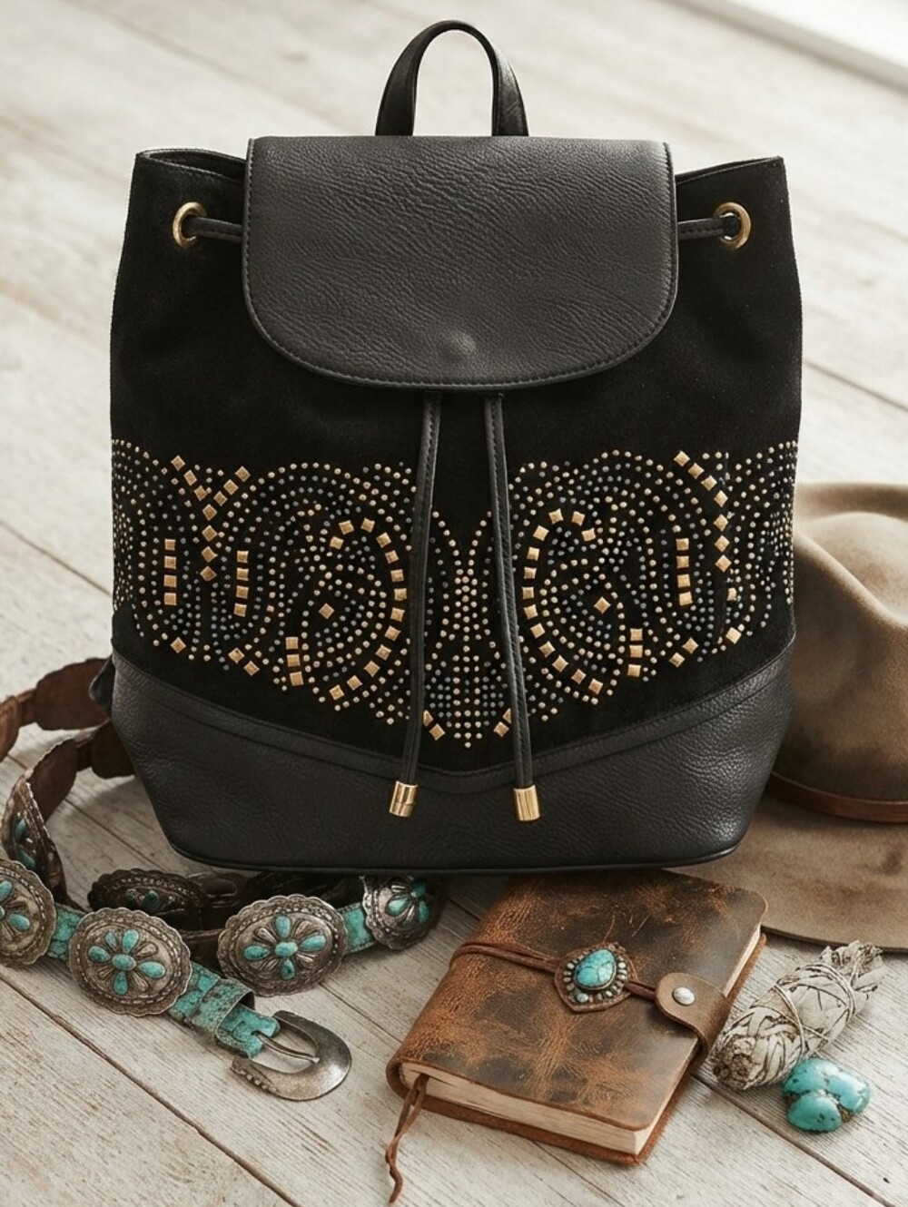 Mellow World Black Embellished Backpack Purse